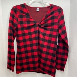 NWT Long Sleeve Buffalo Plaid V Neck Top Ruffle